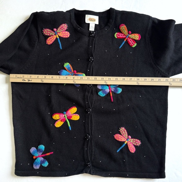 Vintage Talbots Dragonfly Cardigan Sweater Womens Large Black Embroidered Beads - Picture 9 of 12